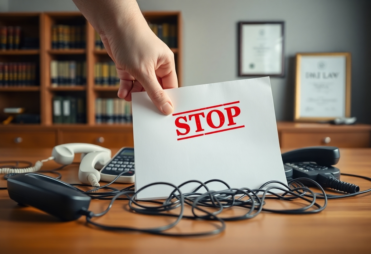 Рука кладёт официальный документ с печатью 'СТОП' на стол среди разбросанных телефонных трубок, символизируя переход от телефонных звонков к юридическим действиям.