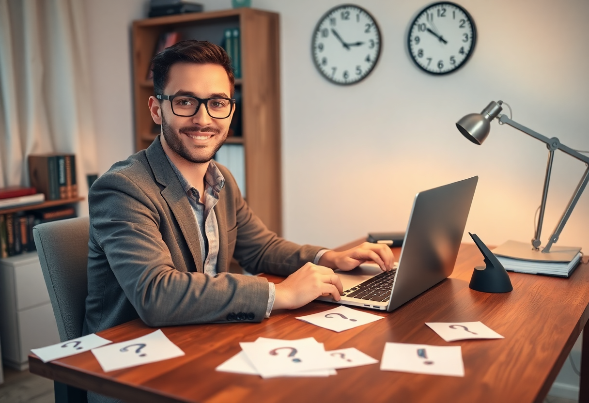 Человек в домашнем офисе рассматривает график на ноутбуке, окружённый символами вопросов и восклицательных знаков, в уютной обстановке с книгами по финансам.