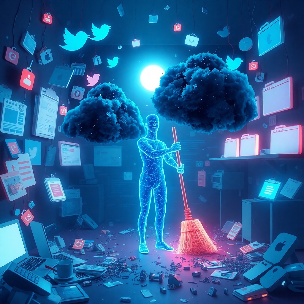 Человек из светящихся данных убирает цифровой мусор в виртуальной комнате, символизируя очистку онлайн-профиля.