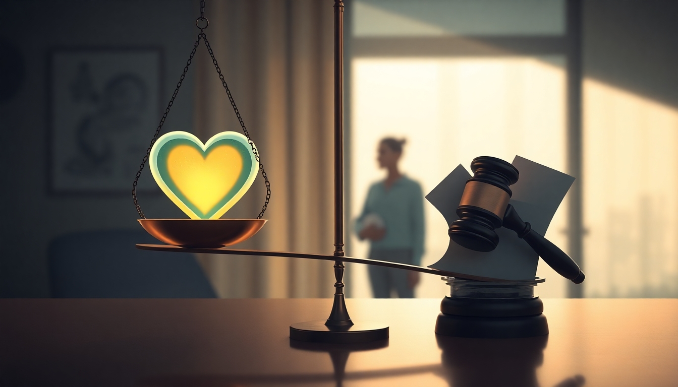 Весы правосудия с хрупким сердцем и юридическими документами, символизирующие риски кредитования в декрете.