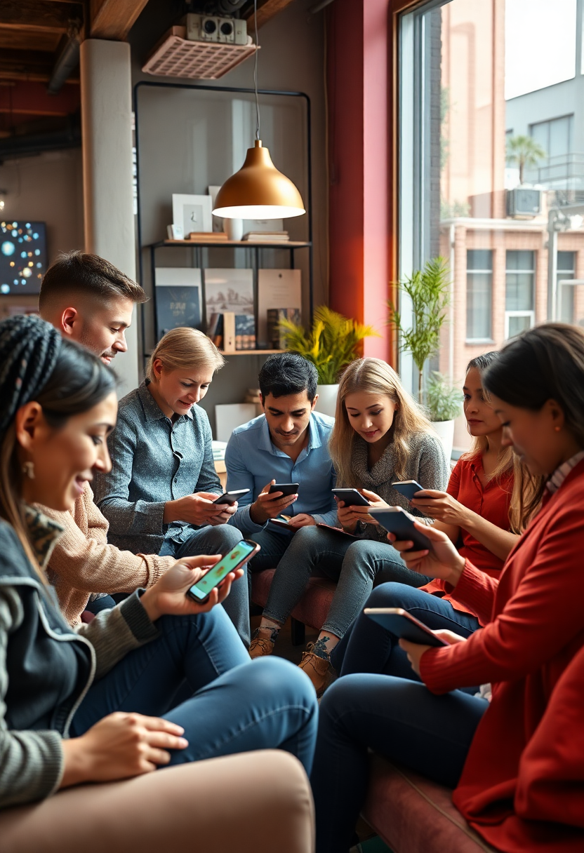 Разнообразная группа людей использует современные технологии в яркой обстановке.