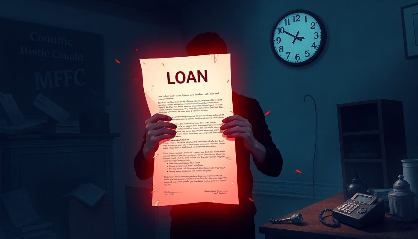 Человек в темной комнате с призрачным документом займа, символизирующим стресс и необходимость срочных действий при мошенничестве.
