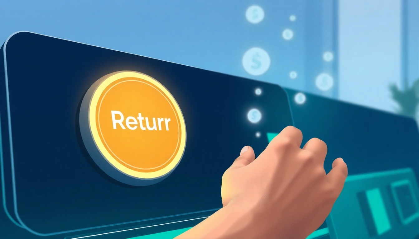 Рука нажимает кнопку возврата на панели управления, символизируя процесс восстановления ошибочно списанных средств.