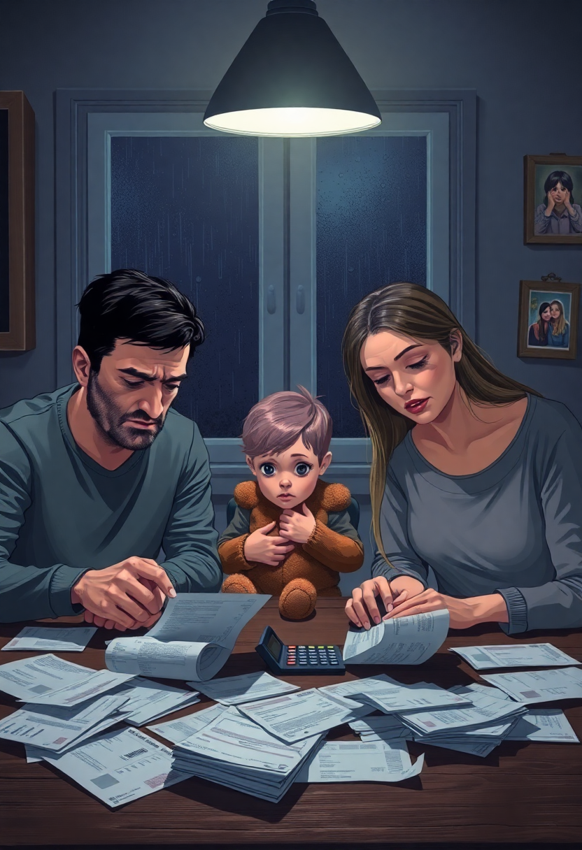 Семья за столом в состоянии стресса из-за долговых документов