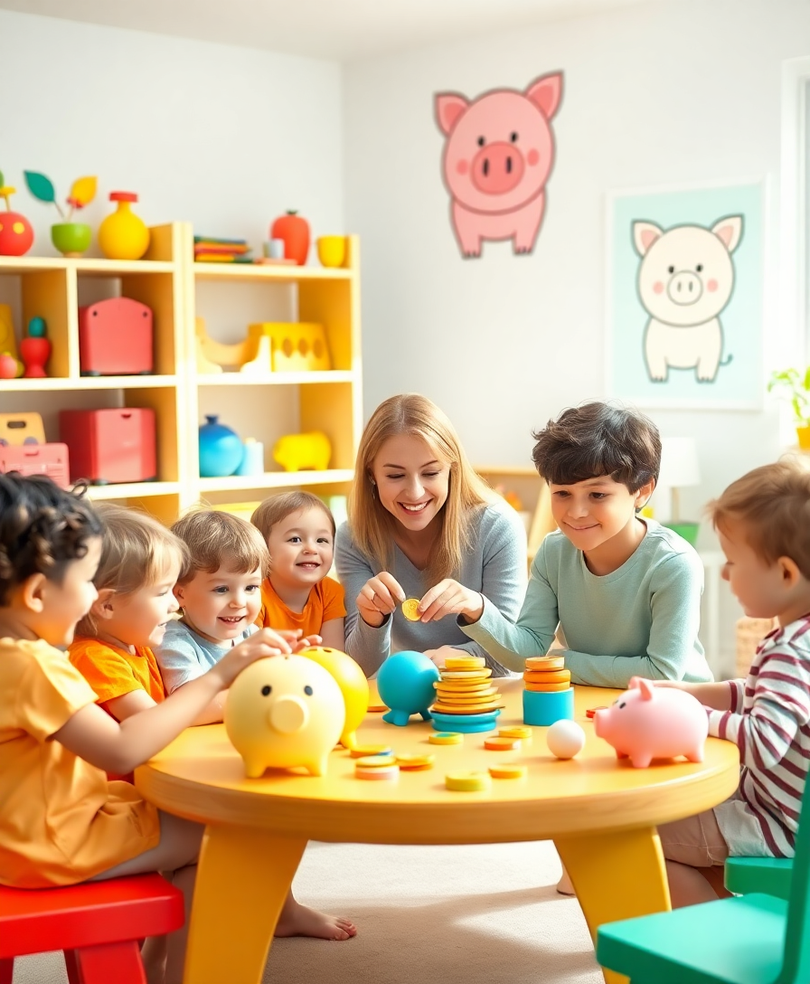 Дети в детском саду учатся финансовой грамотности, играя с игрушечными монетами и копилками под руководством учителя.