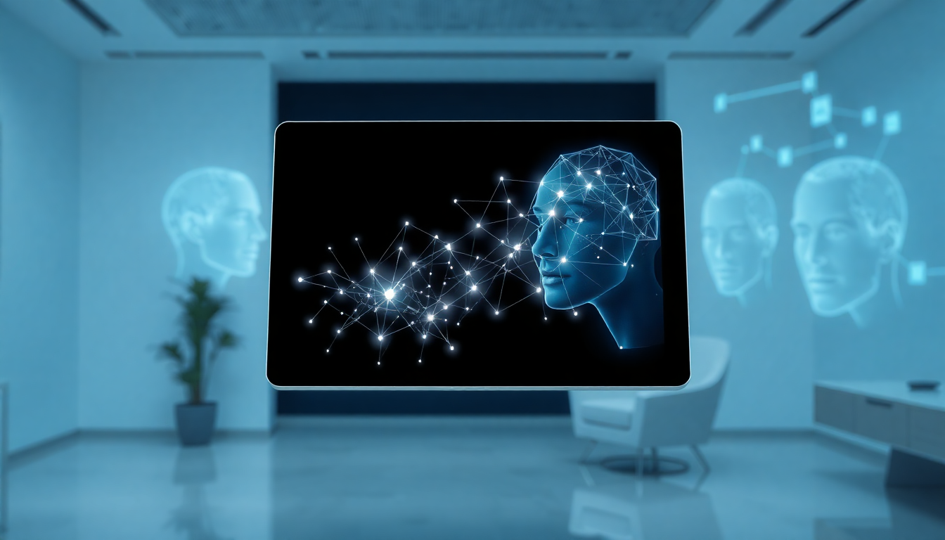 Футуристическое изображение нейросети и психометрического анализа в современном офисе, символизирующее будущее кредитного скоринга.