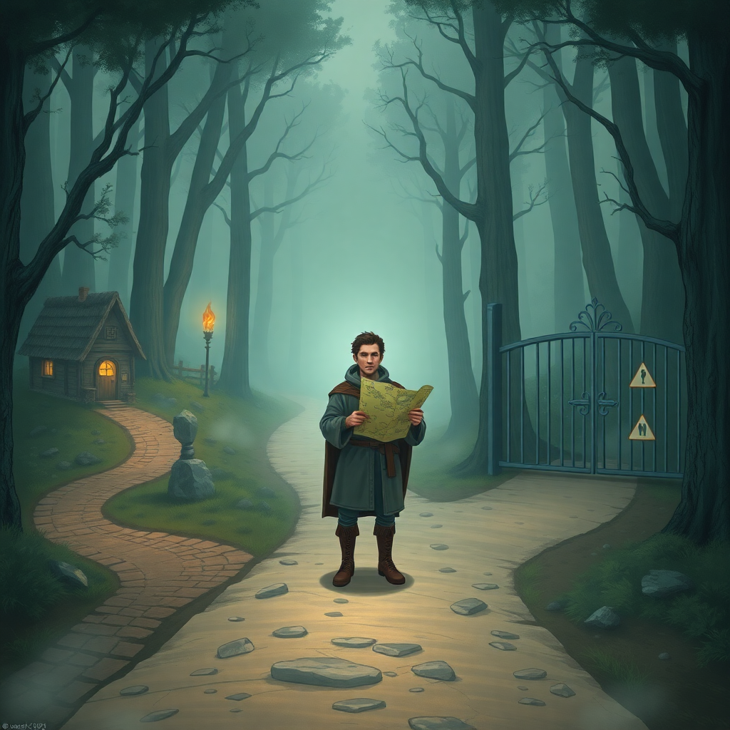 Путник на распутье в туманном лесу, выбирающий между тремя путями, символизирующими кредитные кооперативы, МФО и банки.