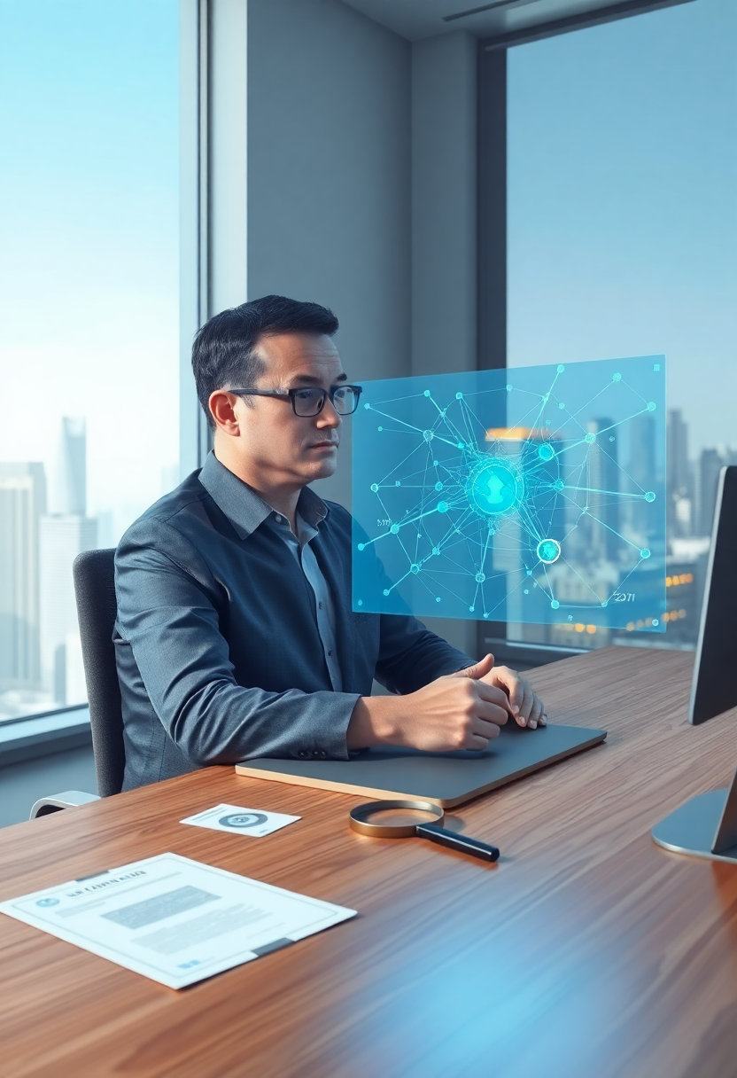 Человек изучает голографический экран с официальным реестром МФО в современном офисе