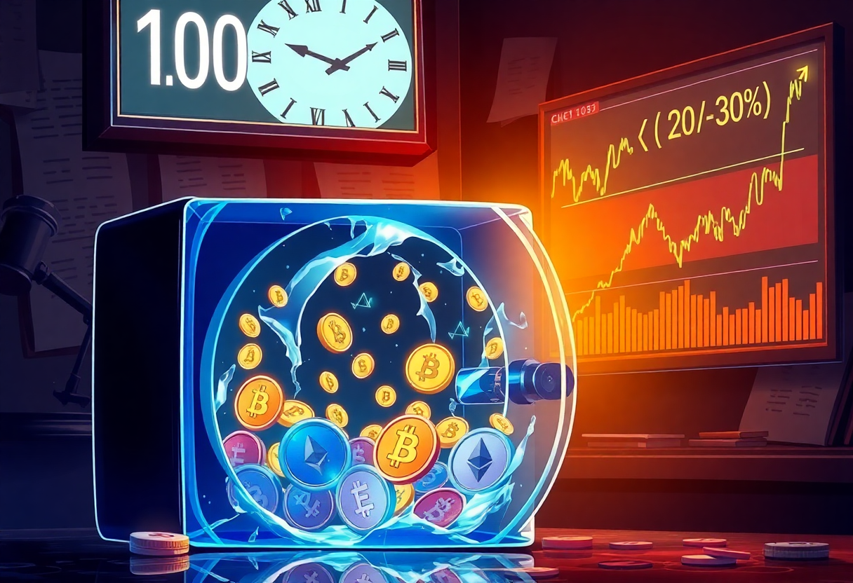 Треснувший стеклянный сейф с нестабильными цифровыми монетами и графиком падения, символизирующий риски криптовалютных займов.