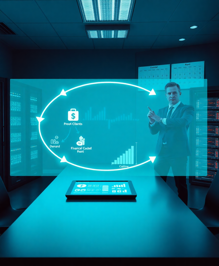 Схема операционного цикла и финансовой подушки в современном офисе, символизирующая расчёт рентабельности бизнеса.