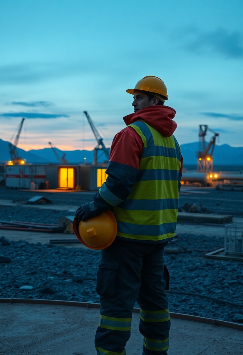Рабочий на удаленной вахте в сумерках, смотрит на временный жилой лагерь в необжитой местности.