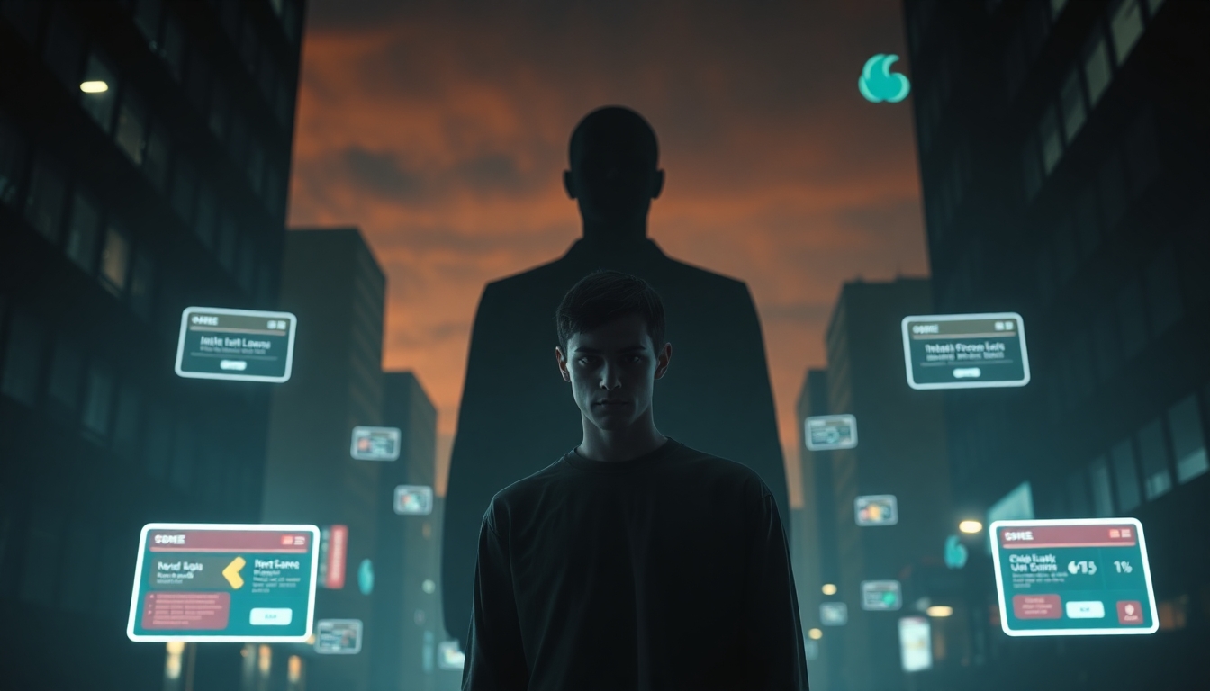 Человек под давлением кредиторов и социального окружения в цифровом мире, символизирующем долги.