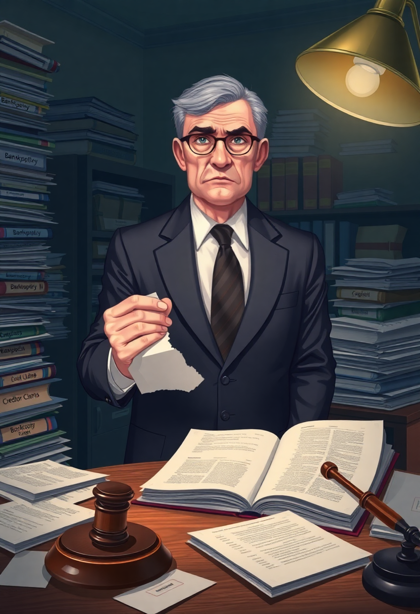 Человек в деловом костюме стоит среди стопок документов в офисе, держа разорванную бумагу, символизируя процедуру банкротства.