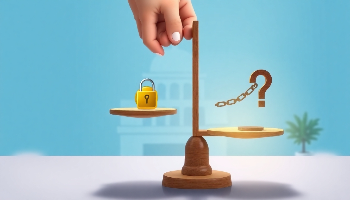 Весы с символами преимуществ и недостатков займов через государственный портал в минималистичном офисе.