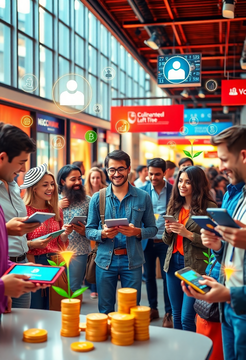 Люди в современном городском пространстве демонстрируют нетрадиционные способы подтверждения платежеспособности через цифровые устройства и социальные взаимодействия.