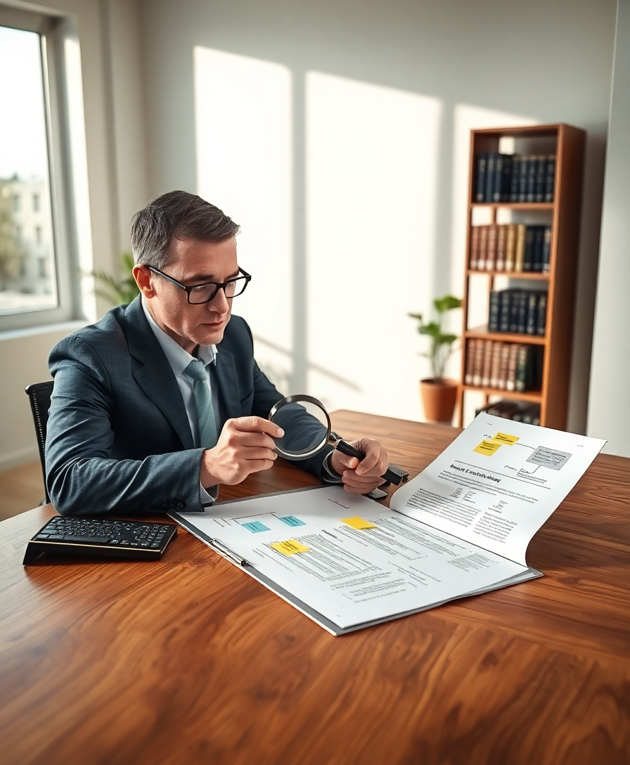 Юрист анализирует договор с помощью лупы и планшета в современном офисе.