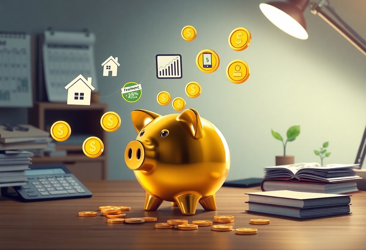 Пигги-банк на столе, из которого вытекают монеты, превращающиеся в символы разных источников дохода.