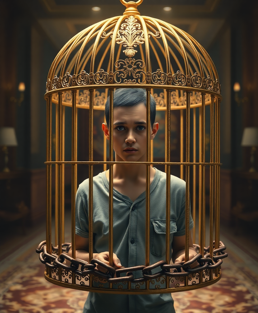 Человек в золотой клетке, символизирующей экономическую зависимость и ловушку в отношениях.