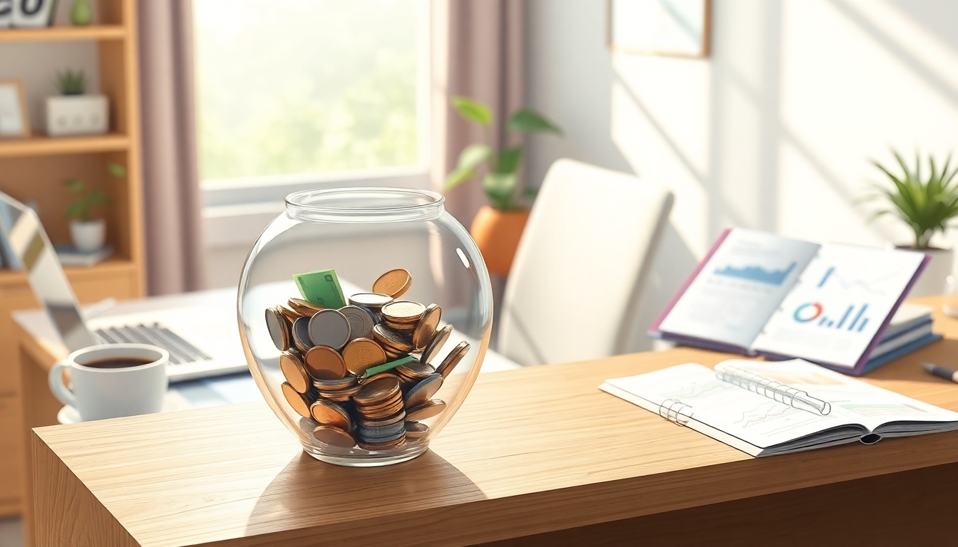 Стеклянная копилка с деньгами на полке в домашнем офисе, символизирующая накопление финансовой подушки.
