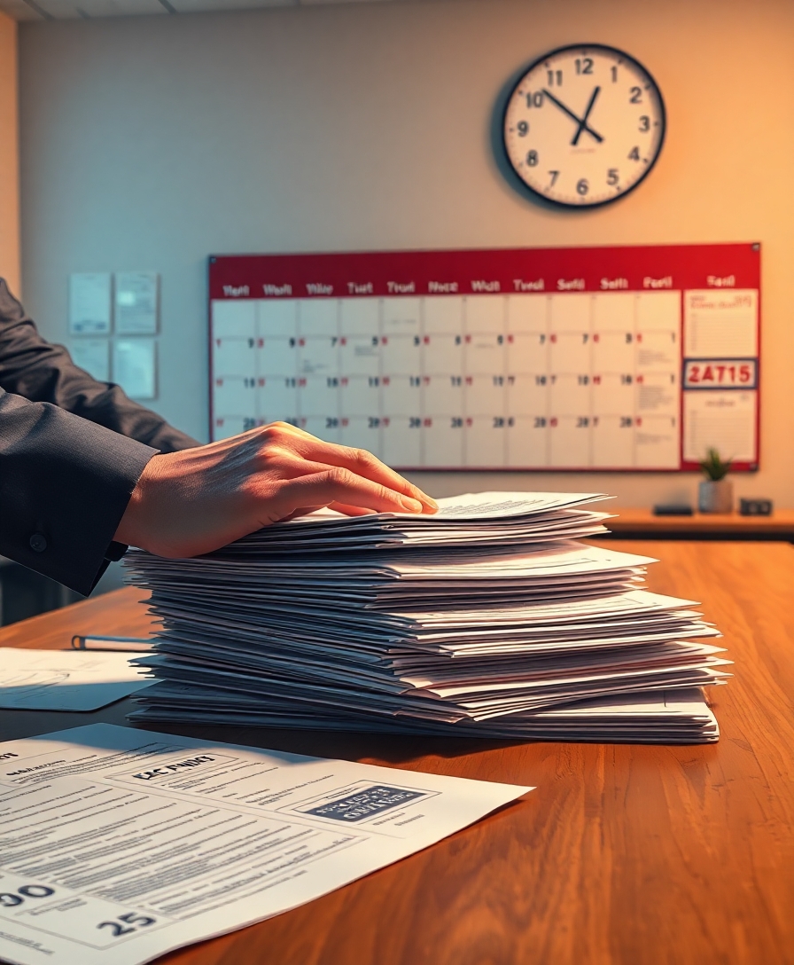 Руки профессионала упорядочивают документы для вахтовой работы на столе в офисе.