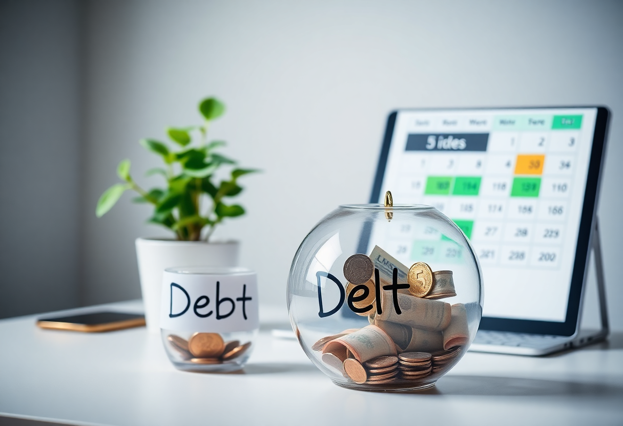 Прозрачная копилка с деньгами и ключом на столе в домашнем офисе, символизирующая управление долгом и досрочное погашение.