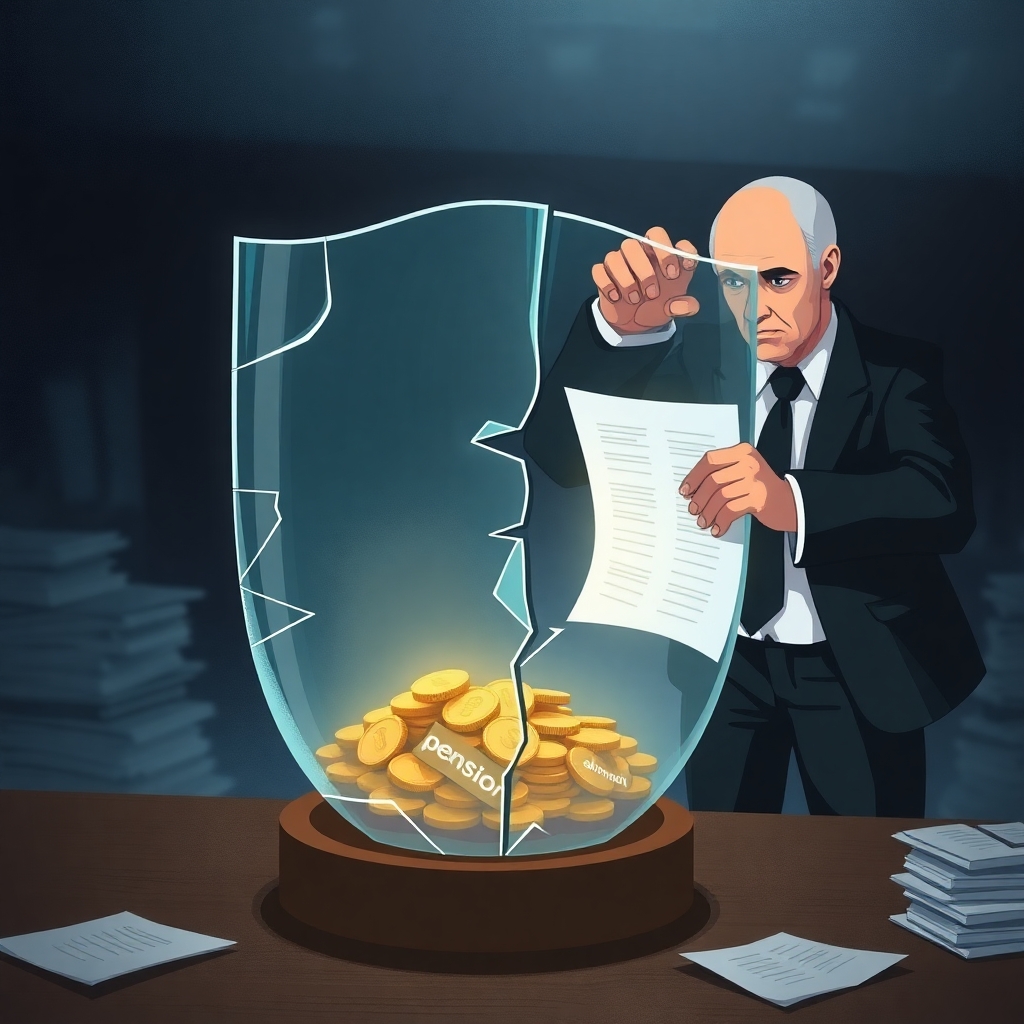 Иллюстрация с треснутым стеклянным щитом, защищающим деньги, и юридической фигурой, пытающейся их взыскать.