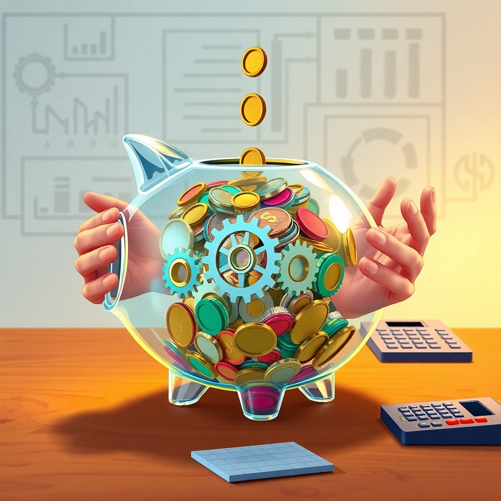 Прозрачная копилка с шестерёнками внутри, окружённая руками, добавляющими монеты, на столе с калькулятором и диаграммой, символизирующая совместное бюджетирование.