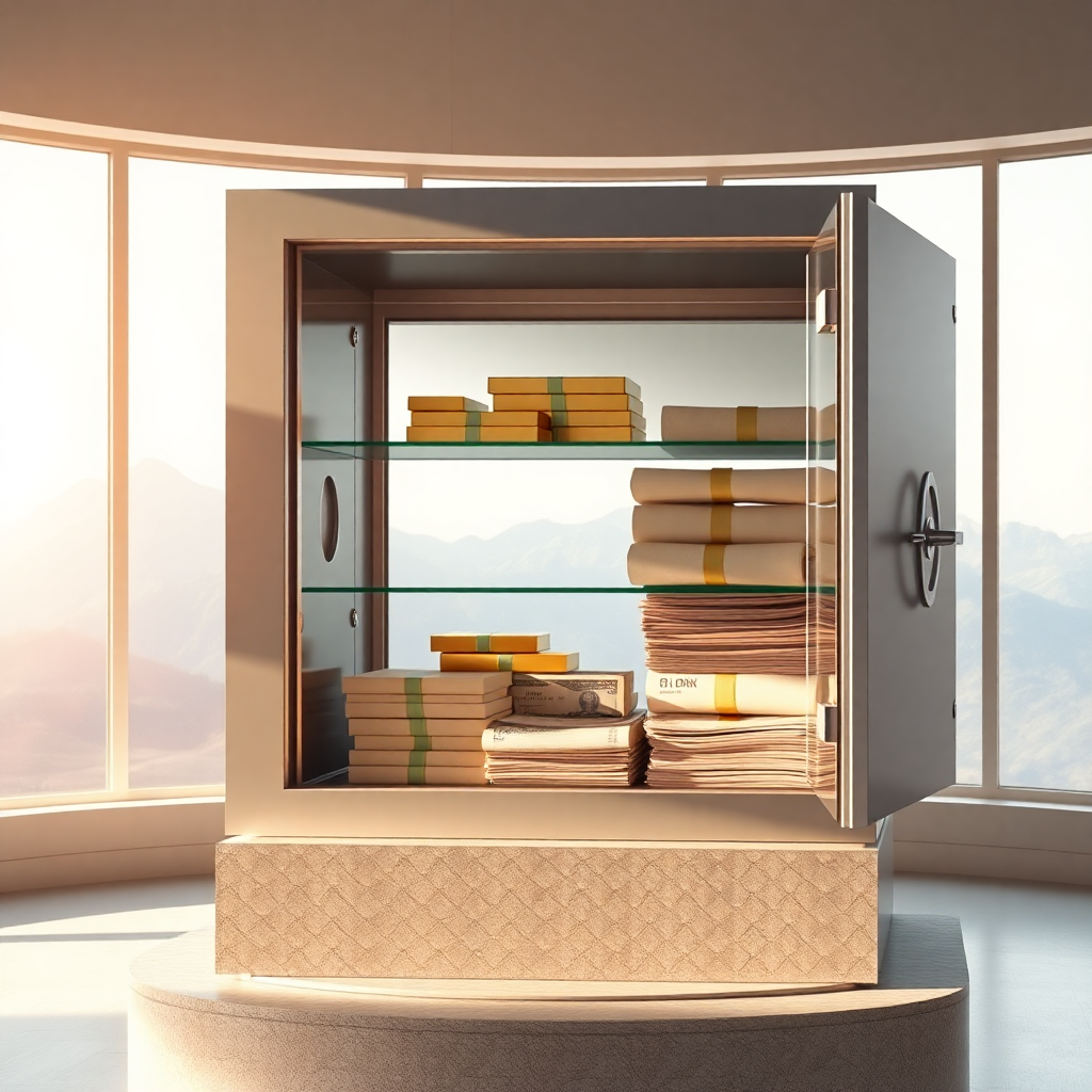 Минималистичный сейф с низкорисковыми финансовыми инструментами в спокойной обстановке, символизирующий финансовую подушку безопасности.