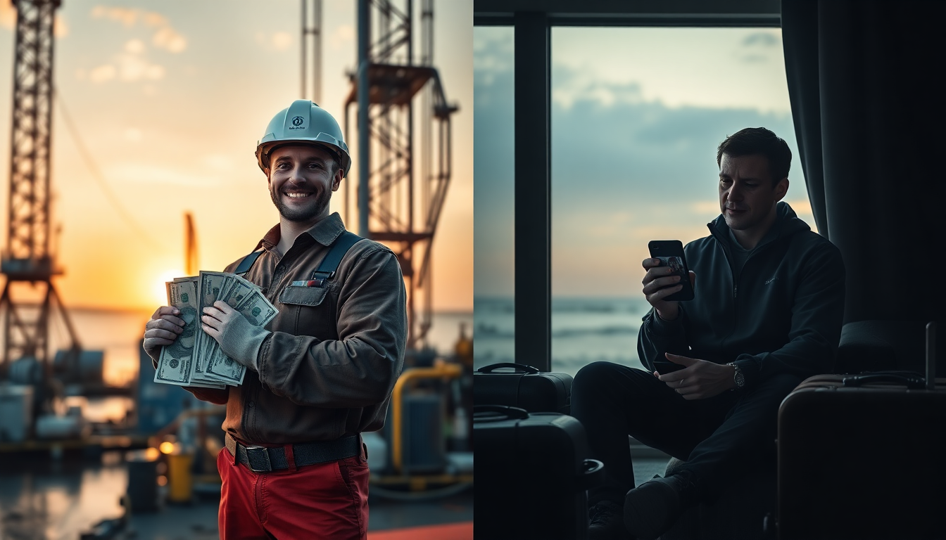 Контрастный образ вахтового работника: с одной стороны - заработок на промышленном объекте, с другой - одиночество вдали от дома