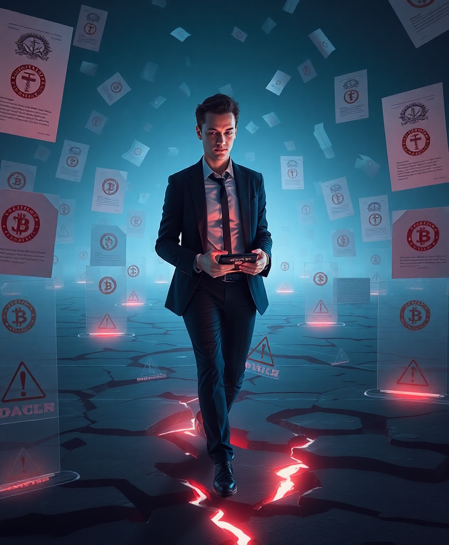 Человек в деловом костюме осторожно идет по абстрактному минному полю из юридических документов, держа смартфон с криптовалютным интерфейсом.