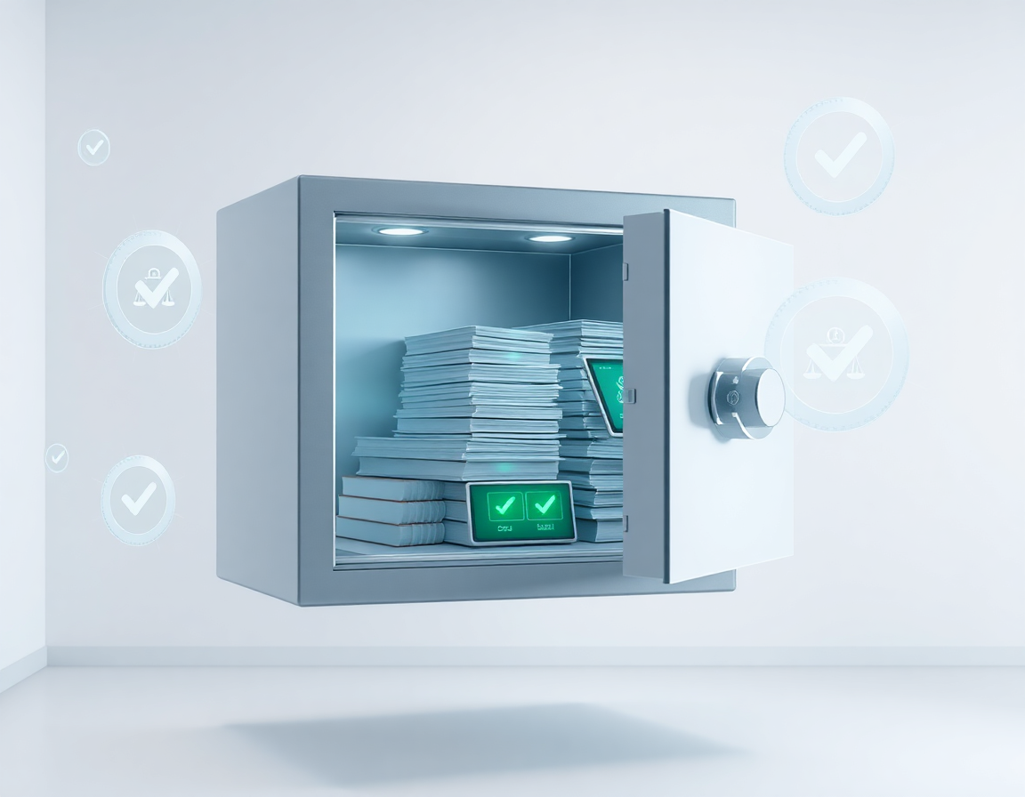 Прозрачный сейф с документами и цифровыми устройствами в защищённой обстановке, символизирующий избегание блокировок и юридических рисков.
