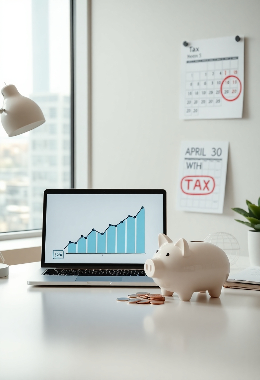 Современный домашний офис с ноутбуком, показывающим финансовый график, копилкой и календарём, символизирующими P2P-займы, налоги и сроки.